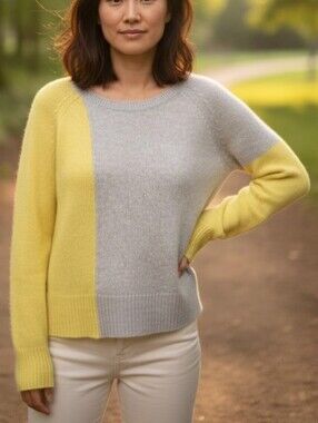 360 Cashmere Women's Sweater Sz L Yellow & Gray Color Block 100% Cashmere